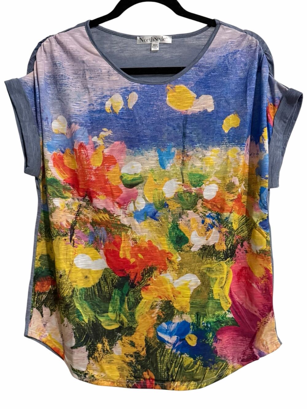 NorthStyle Petite Medium Lightweight Art Print Blouse Dolman Cap Sleeve Top NWOT